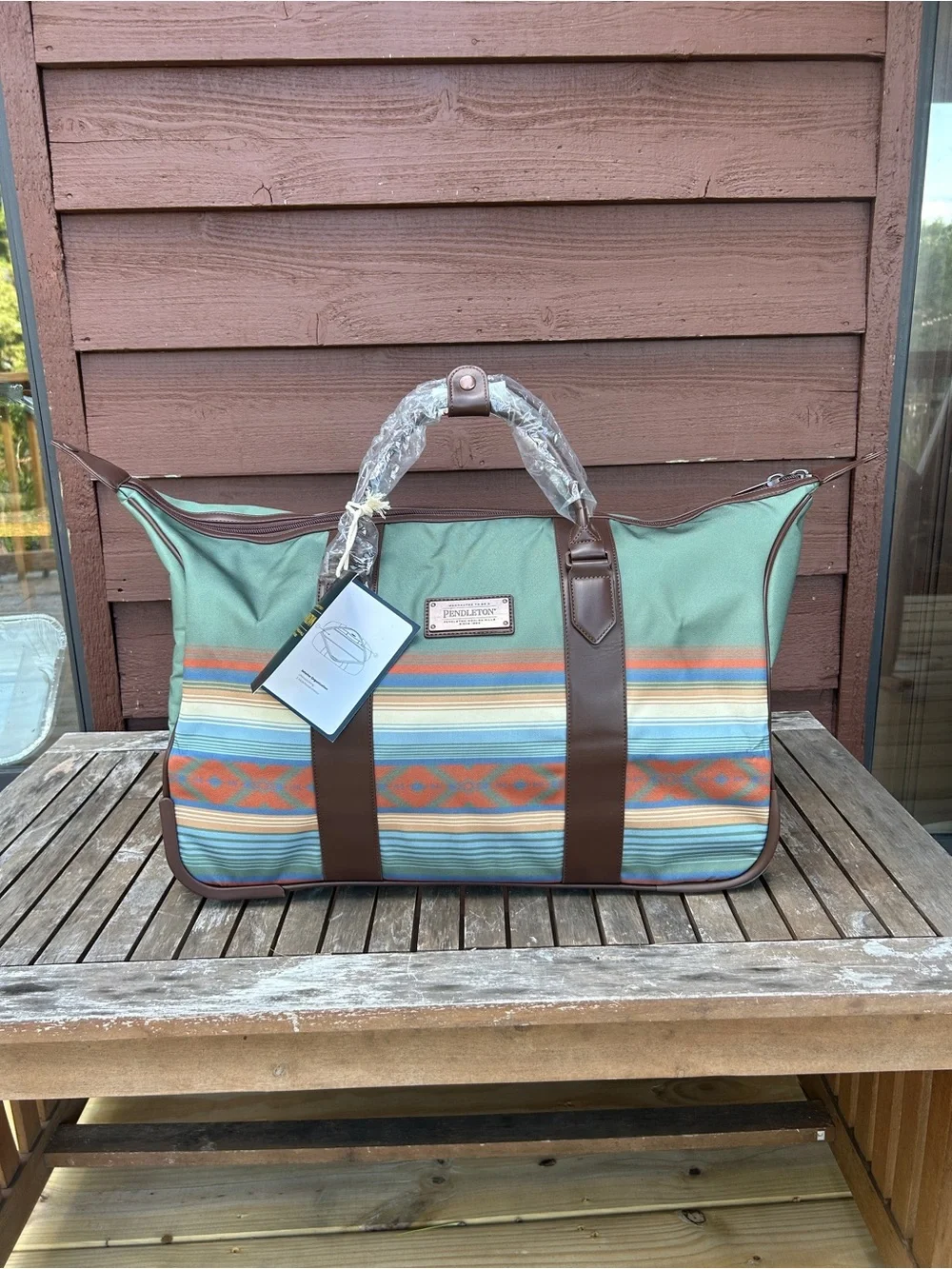Pendleton Sage Green and Brown Patterned Roller Weekender Duffel